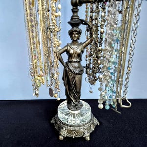 Vintage 6-Arm Adjustable Jewelry Stand on Bronze Toned Goddess Base |  Neoclassical Brass and Glass Long Necklace Holder