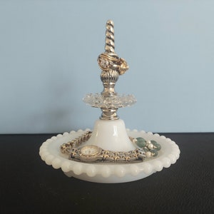 Nickel Ring Holder with Vintage Candlewick Dish | White Milk Glass Jewelry Dish
