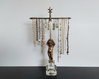 Classic Bronze Cherub T-Bar Necklace Stand | Antique and Vintage Repurposed Lamp Parts | French Decor