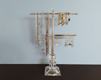 3-Arm Adjustable Nickel Jewelry Organizer on Upcycled Vintage Glass Lamp Base