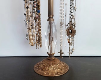 20-26" Tall Adjustable 4 Arm Long Necklace Stand on Vintage Brass and Base | Revolving Necklace Display | Upcycled Lamp Parts