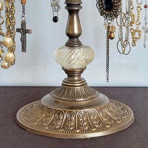 20"-24" Adjustable 4-Arm Long Necklace Holder on Tall Antique Brass and Crystal Base | Rosary or Mala Bead Necklace Display