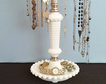 Vintage Candlewick  Milk Glass and Nickel T-Arm Necklace Holder | Long Necklace Stand from Upcycled Lamp Parts