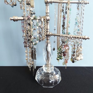Vintage Hand Cut Crystal  and Nickel Jewelry Organizer with 6 Adjustable Arms | Hollywood Regency Mid Century | Long Necklace Holder