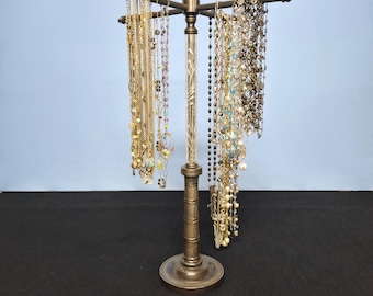 Asian Motif 4-Arm Revolving Long Necklace Holder | Vintage Neoclassical Brass Base | English Regency Candleholder | Revolving Necklace Stand