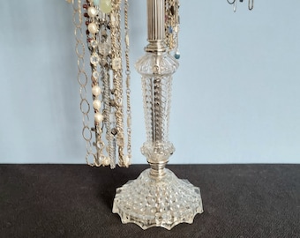 6-Arm Revolving Nickel Long Necklace Holder on Tall Vintage Bubble Glass Lamp Base | Rosary, Lariat and Long Necklace Display