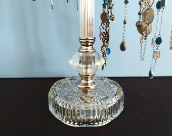 Classic Nickel T-Bar Necklace Holder on Vintage Pattern Glass Lamp Base | Necklace Stand Repurposed Vintage Lamp Parts