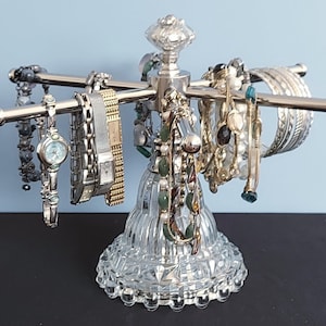 Nickel 6-Arm Revolving Bracelet Holder on Vintage Art Deco Pattern Glass Upcycled Lamp Base | Cuff or Bangle Bracelet Stand