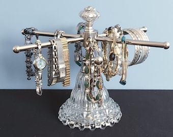 Nickel 6-Arm Revolving Bracelet Holder on Vintage Art Deco Pattern Glass Upcycled Lamp Base | Cuff or Bangle Bracelet Stand