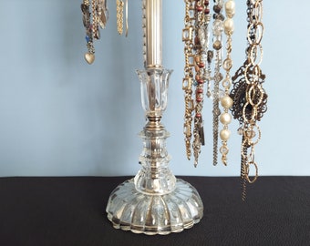 6-Arm Revolving Necklace Stand on Vintage Fluted Crystal and Nickel Upcycled Lamp Base | Retail Jewelry Display