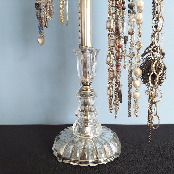 6-Arm Revolving Necklace Stand on Vintage Fluted Crystal and Nickel Upcycled Lamp Base | Retail Jewelry Display