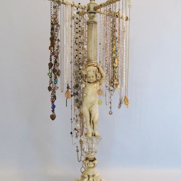 Shabby Cottage Cherub 4-Arm Necklace Stand |Cherub | Angel Necklace Holder  | Revolving | Vintage Lamp Parts | Store Display | Salvaged