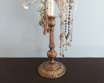 4-Arm Revolving Brass Necklace Holder on Antique English Candlestick Base | Romantic Decor