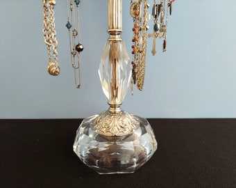 6-Arm Revolving Nickel and Cut Crystal Necklace Holder for Rosary, Mala Bead and Long Necklaces | Upcycled Lamp Parts