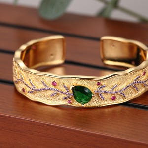 Gold and Sterling Silver Wide Cuff Bracelet with an Emerald Teardrop, Amethyst Vine Motifs, and Ruby Accents: Artisan Botanical Bangle