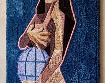 Tapiz abstracto de arte cubista de la Madre Tierra hecho a mano para colgar en la pared, escultura Japandi de mediados de siglo.
