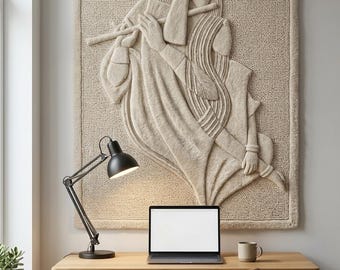 Tapiz abstracto bohemio de lana tejida a mano con la figura de Radha Krishna, escultura textil artesanal.