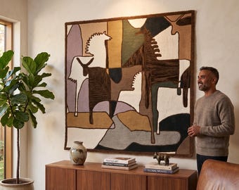 Tapiz abstracto hecho a mano de fibra de caballo para colgar en la pared. Escultura textil artesanal japonesa de mediados de siglo.
