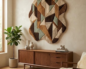 Tapiz abstracto de fibra de lana tejida a mano en tono terracota marrón para colgar en la pared. Escultura textil artesanal.