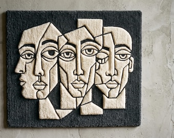 Handwoven 3d Face Fiber Wall Hanging Art Abstract Tapestry MidCentury cubist geometry Textile Sculpture