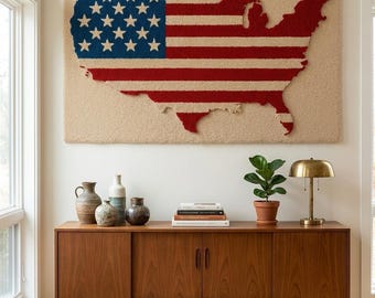 Handmade America USA Flag Fiber Wall Hanging Art Abstract Tapestry Mid Century Textile Decor