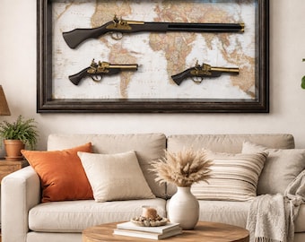 Grande Decoración Pared Vintage Mapa Mundo 3D Armas Madera Rústico Único Home Decor Art