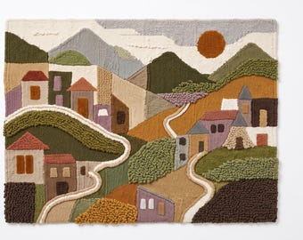 Tapiz abstracto de arte textil japonés de mediados de siglo para decoración de pared con temática de pueblo de montaña
