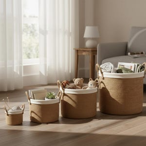 Może przedstawiać: Cztery tkane kosze do przechowywania o różnych rozmiarach z białymi wyściółkami i uchwytami z liny. Kosze zawierają przedmioty takie jak pluszaki, książki i sukulent. Ułożone na drewnianej podłodze.