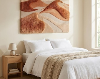Tapiz abstracto de fibra de terracota tejido a mano para colgar en la pared. Escultura textil artesanal japonesa de mediados de siglo.