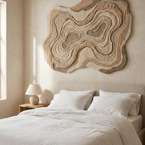 Alfombra de pared hecha a mano, tapiz topográfico abstracto moderno, color beige neutro, arte textil 3D de lana con forma orgánica irregular.