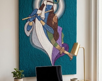 Tapiz abstracto bohemio de lana tejida a mano con la figura de Radha Krishna, escultura textil artesanal.