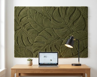 Tapiz abstracto de fibra de hoja verde tejido a mano para colgar en la pared. Escultura textil artesanal de mediados de siglo.