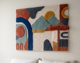 Tapiz abstracto de fibra tejida a mano para colgar en la pared, escultura textil artesanal escandinava de mediados de siglo.