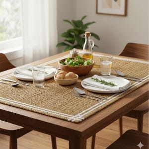 May include: A dining table set for a meal. The table has a woven placemat, white plates, cutlery, glasses, a wooden bowl of salad, and a bottle of oil. The table is surrounded by wooden chairs. The table is made of wood.