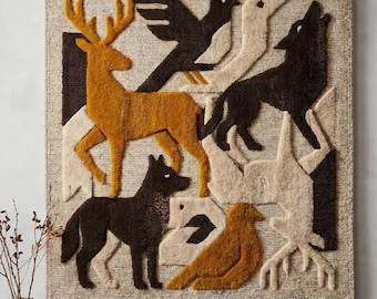 Tapiz abstracto de fibra de ciervo y lobo tejido a mano para colgar en la pared. Escultura textil artesanal de mediados de siglo.