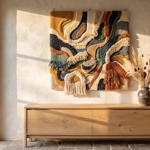 Peut inclure: Une tenture murale carrée présentant un design en fibres texturées et multicolores avec des formes abstraites dans des tons de jaune moutarde, bleu marine, vert forêt, crème et orange rouille, agrémentée de franges et de reliefs variés.