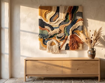 Könnte beinhalten: Ein quadratischer Wandbehang mit einem strukturierten, mehrfarbigen Faserkunst-Design mit abstrakten Formen in Senfgelb, Marineblau, Waldgrün, Creme und Rostorange, akzentuiert durch hängende Fransen-Elemente und unterschiedliche Florhöhen.