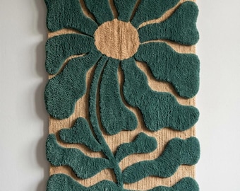 Tapiz abstracto de fibra verde oliva tejido a mano para colgar en la pared. Escultura textil japonesa de mediados de siglo.