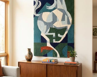 Tapiz abstracto de fibra de caballo tejido a mano para colgar en la pared, escultura textil artesanal japonesa de mediados de siglo.