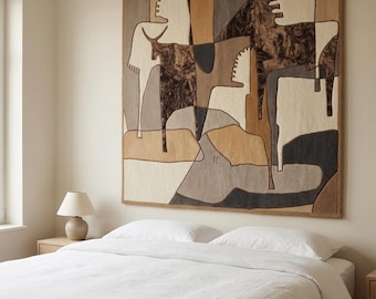 Tapiz abstracto hecho a mano de fibra de caballo para colgar en la pared. Escultura textil artesanal japonesa de mediados de siglo.