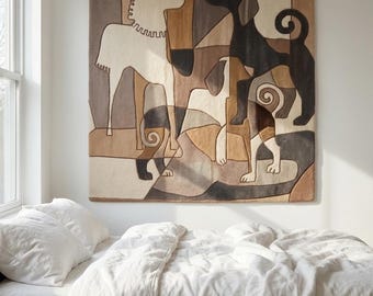 Tapiz abstracto tejido a mano con fibra de perro para colgar en la pared, escultura textil artesanal japonesa de mediados de siglo.