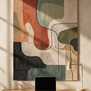 Tapiz de pared hecho a mano, arte textil abstracto orgánico moderno para pared, tapiz de lana estilo boho para la decoración de la sala de estar.
