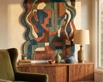 Retrato abstracto femenino, tapiz de fibra para colgar en la pared, arte artesanal escandinavo tejido, escultura textil personalizada.