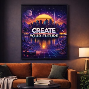 May include: A framed art print with a retro-futuristic design. The artwork features a cityscape silhouetted against a sunset, with the words "CREATE YOUR FUTURE" in bold letters. A car and a grid-like pattern are in the foreground.