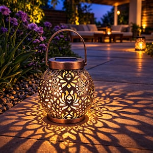 Linterna solar colgante / Linterna de jardín exterior impermeable / Lámpara de proyección vintage de metal hueco / Luz decorativa para patio y jardín