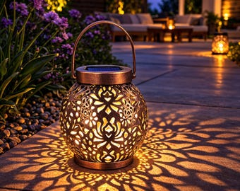 Linterna solar colgante / Linterna de jardín exterior impermeable / Lámpara de proyección vintage de metal hueco / Luz decorativa para patio y jardín