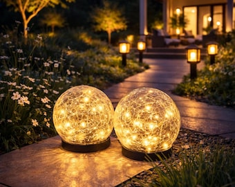 Lampe solaire de jardin en forme de boule de verre fissuré | Éclairage extérieur à DEL pour allée | Lampe décorative suspendue pour patio | Éclairage paysager solaire étanche