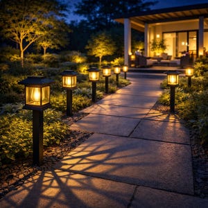 Puede incluir: Escena nocturna al aire libre con un camino de piedra iluminado por luces solares de jardín. Las luces tienen postes negros y cabezas cuadradas tipo linterna, emitiendo un brillo amarillo cálido. El camino conduce a una casa.