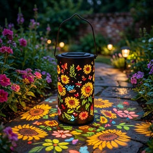 May include: A cylindrical black metal solar lantern with a handle, featuring cutouts of sunflowers, leaves, and butterflies. The lantern projects vibrant, colorful light patterns of sunflowers and floral shapes onto the ground surface below.