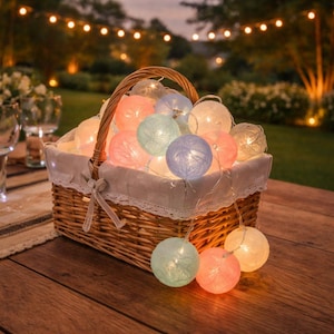 Puede incluir: Una cesta de mimbre llena de luces de cadena brillantes y coloridas. Las luces tienen forma de esfera y son de color rosa, azul y blanco. La cesta tiene un forro blanco y está sobre una superficie de madera.